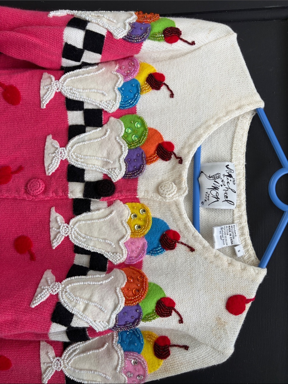 Vintage Michael Simon Hot Pink Ice Cream Appliqué Cardigan - Picture 11 of 12